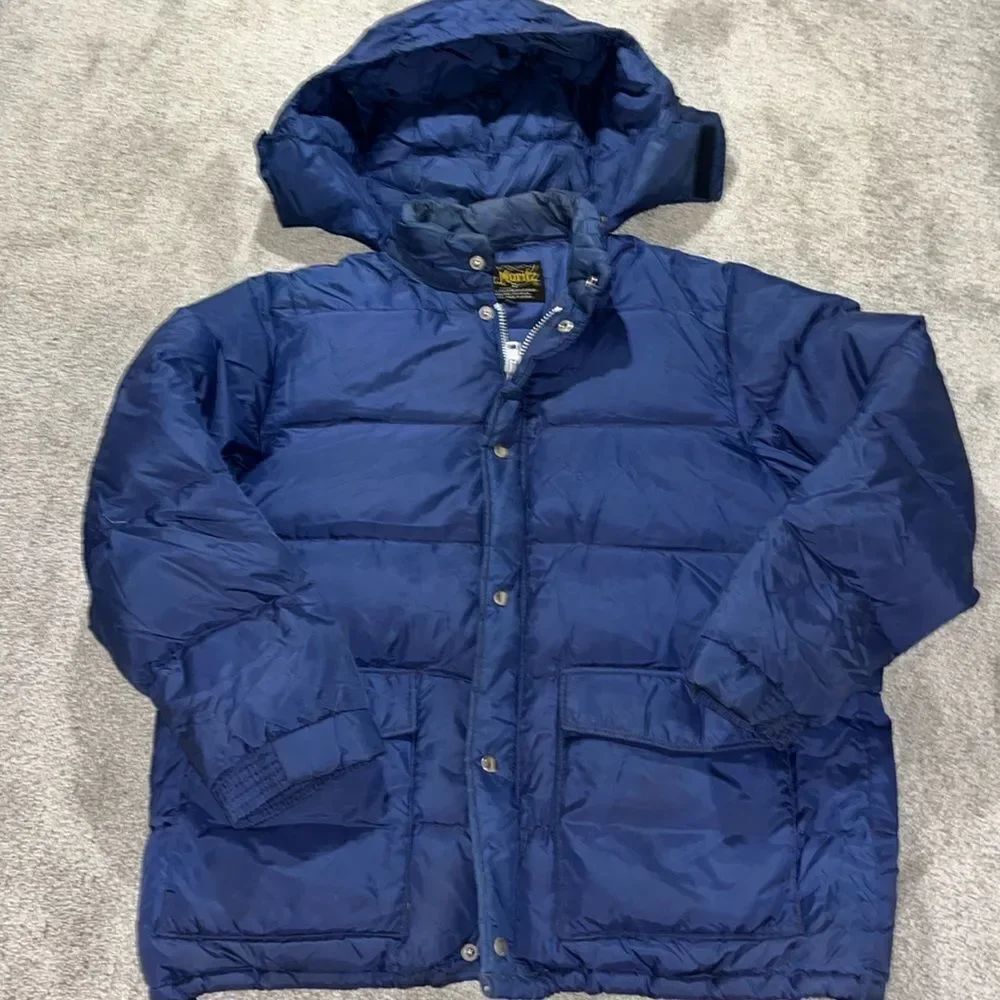 Vintage St Moritz Ski Team Down Feathers Insulated Hooded Parka Jacket XL Blue